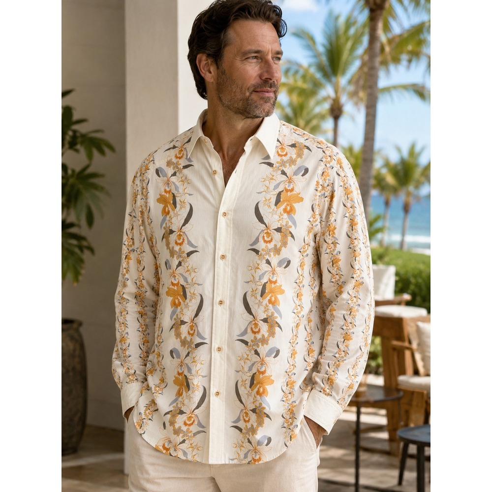 Tommy Bahama Orchid Floral Stripe Cotton Silk Shirt Men XL Ivory Hawaiian Resort - Picture 1 of 11